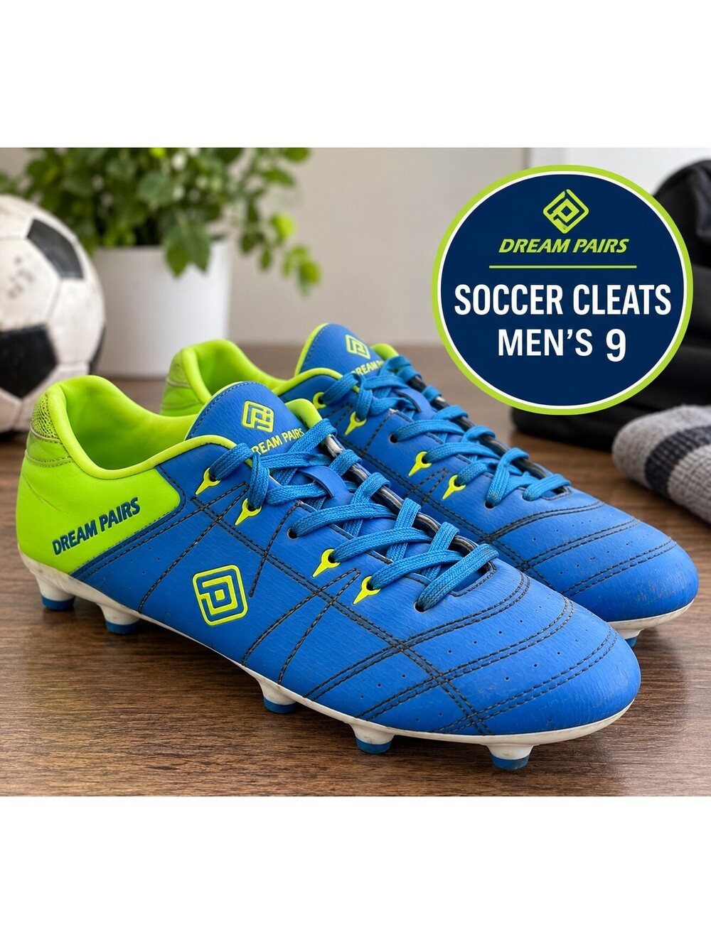 Dream Pairs Men’s Soccer Cleats Blue & Neon Green Size 9